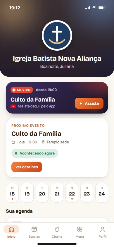 Início do app com o culto ao vivo em destaque e o botão Assistir