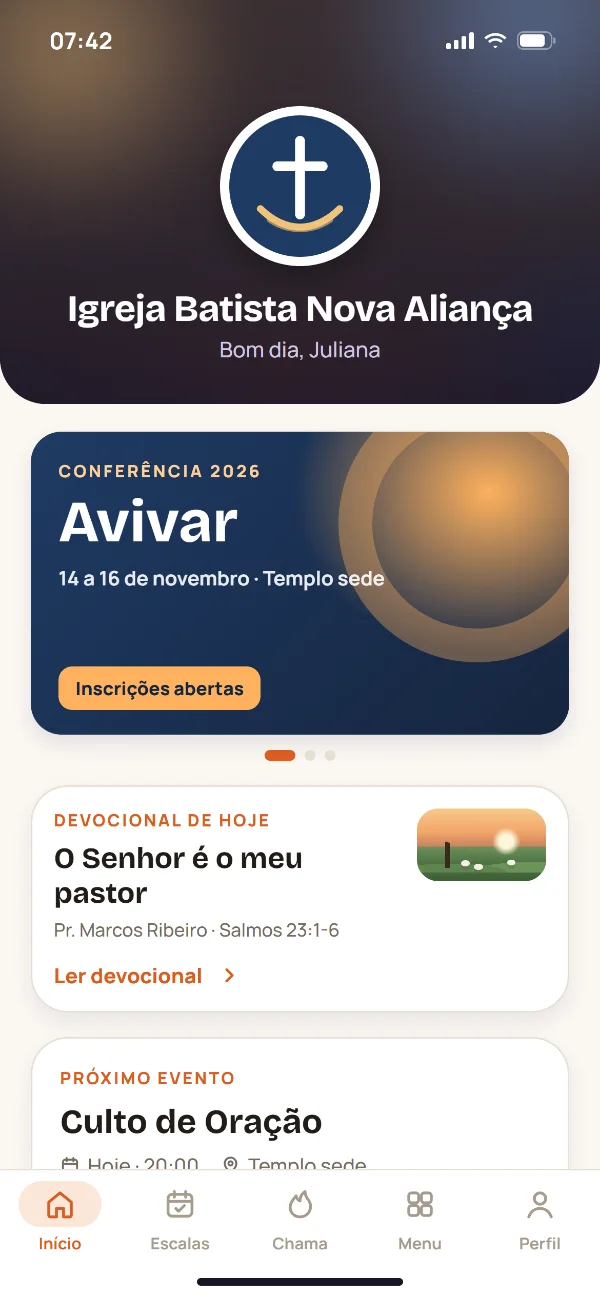 App da igreja no celular: logo e nome da igreja, banner de evento e devocional do dia