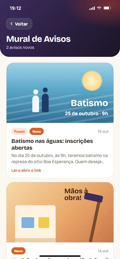 Mural de avisos do app com imagem do batismo e outros avisos
